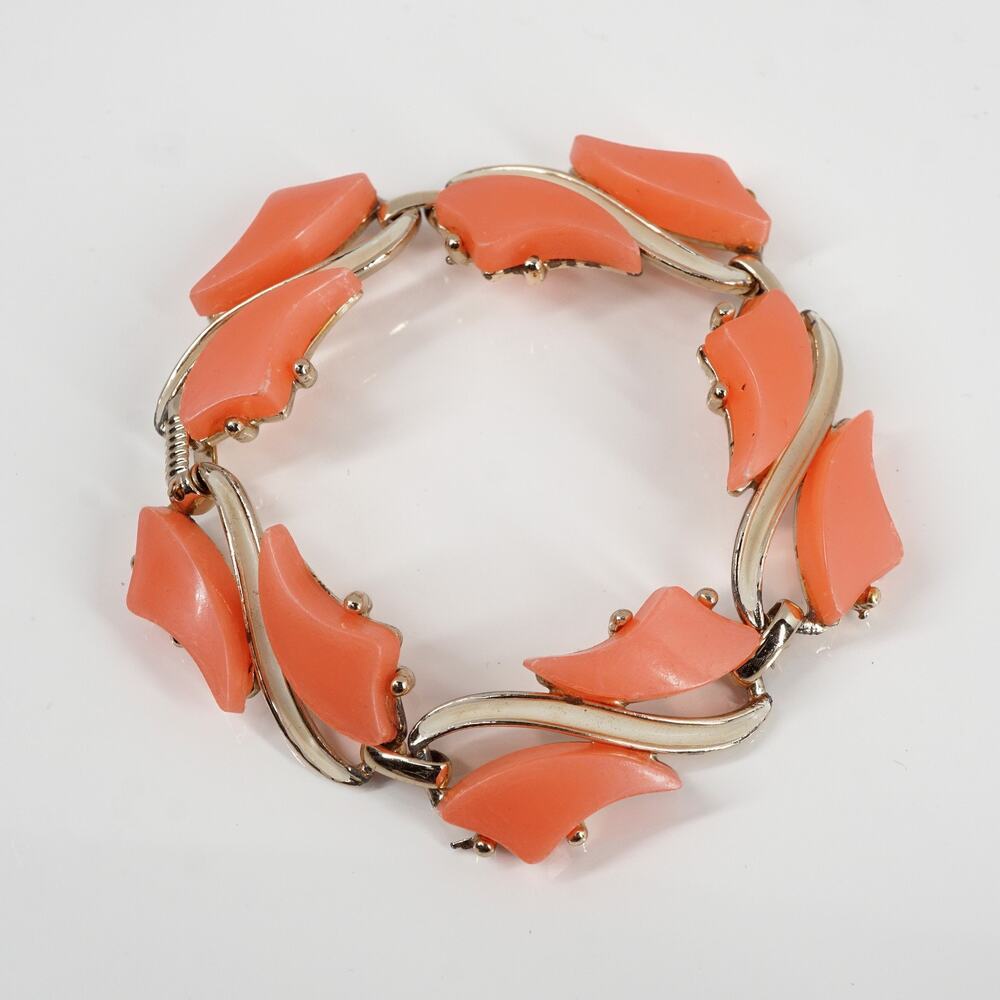 Vintage Mid-Century Modern Thermoset Bracelet Pink Orange Gold-Tone 6.75"